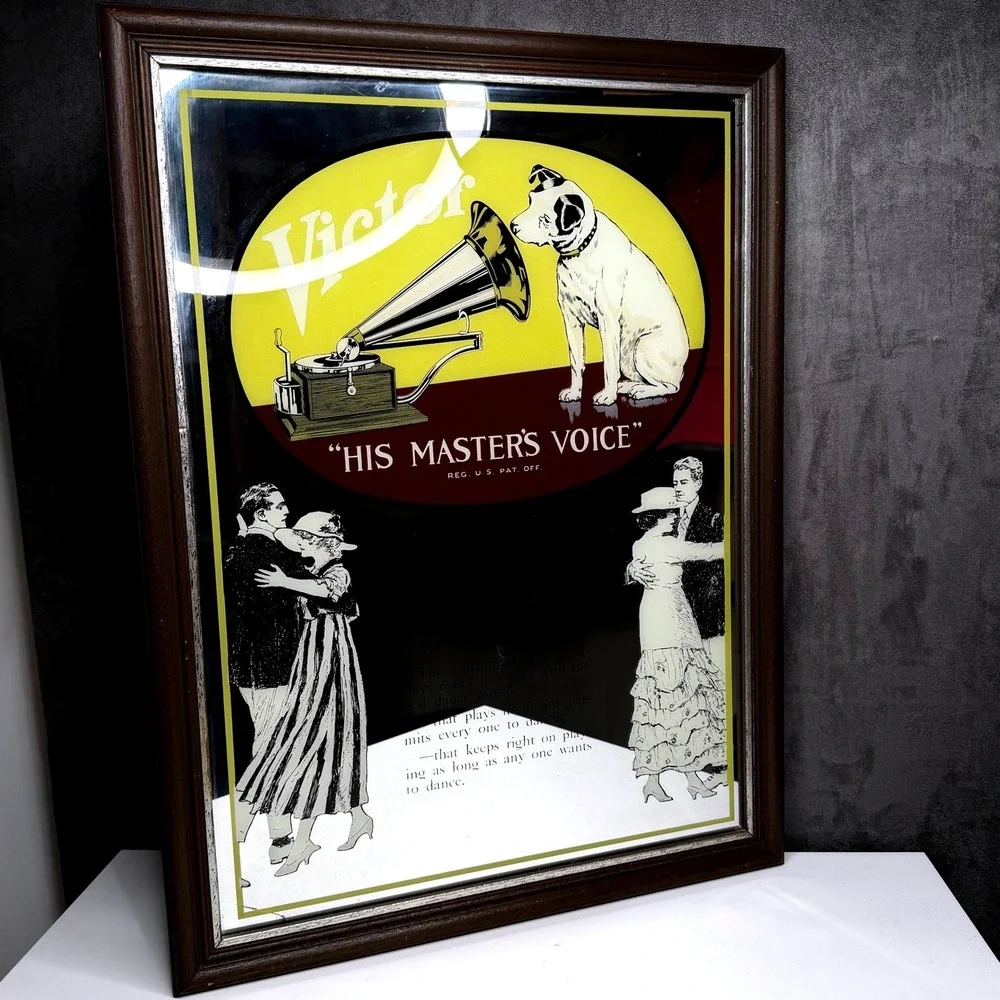 Vtg Victor His Masters Voice Advertising Mirror Nipper Dog Victrola RCA Rare